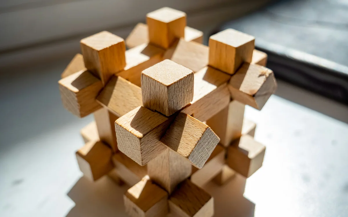 Piezas de madera entrelazadas en una estructura geométrica.